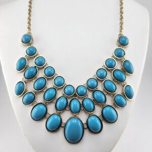 Gold Tone And Turquoise‎ Blue Bib Necklace READ